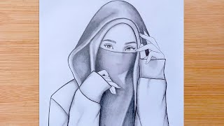 How to draw A girl Wearing hijab - step by step || Pencil Sketch for beginners, Muslim girl Drawing