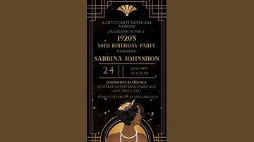 Editable 1920s Great Gatsby Invitation, Animated Art Deco Birthday Party, African Girl on Black Gold