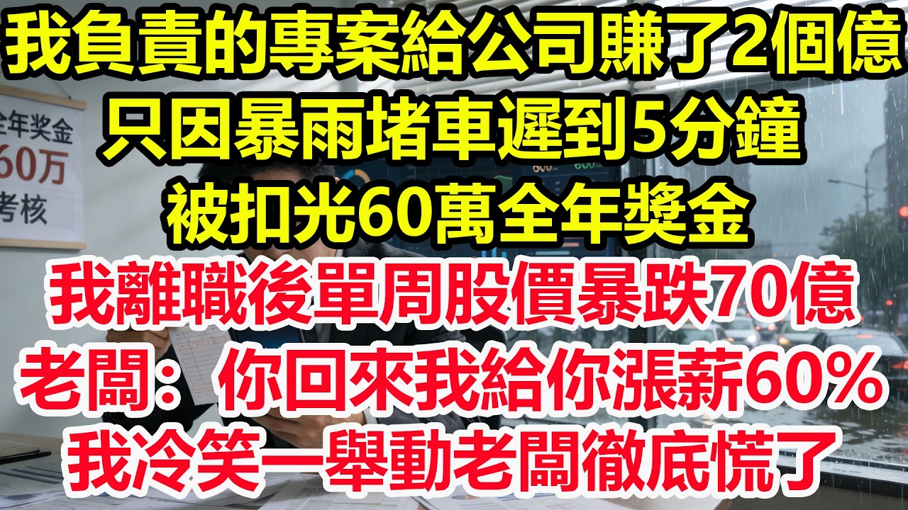 我負責的專案給公司賺了2個億，只因暴雨堵車遲到5分鐘，被扣光60萬全年獎金，我離職後單周股價暴跌70億，老闆：你回來，我給你漲薪60%！我冷笑開口1句話他徹底傻眼了！#情感 #爽文 #職場 #生活