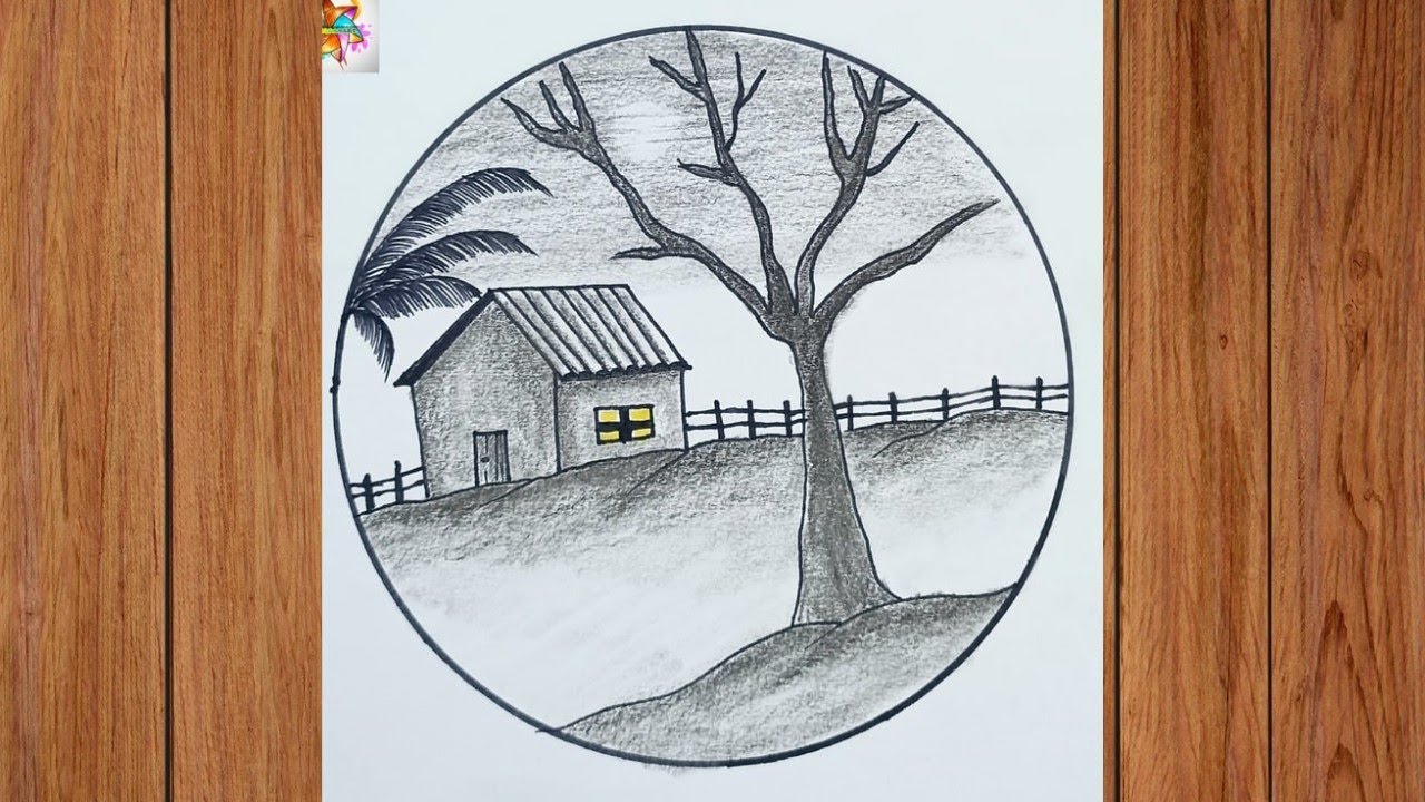 How to Draw a Beautiful Landscape with Trees and a House | Pencil ...