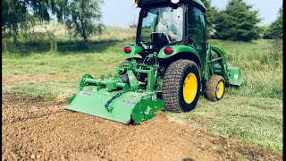 #16 Tilling and moving dirt with the John Deere 3046R and Frontier RT3049R. This tiller is amazing