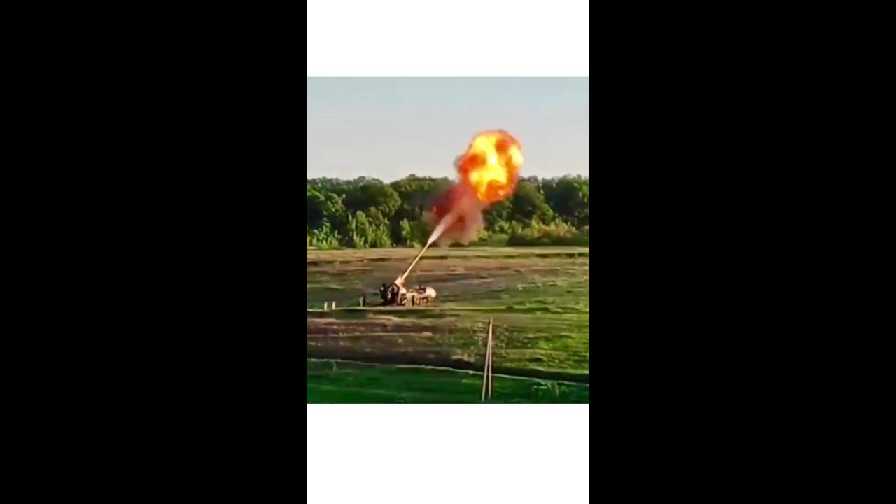 Ukrainian 2S7 Pion "Peony" 203mm heavy artillery fires at Russian enemy targets in Kharkiv Oblast