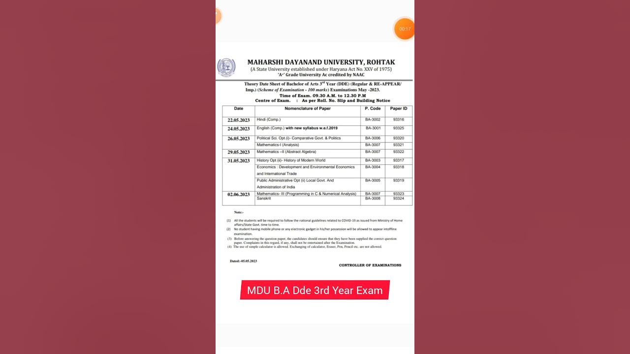 MDU Rohtak B.A Dde 3rd Year Regular & Reappear Date Sheet & Admit Card 2023 mdu shorts viral