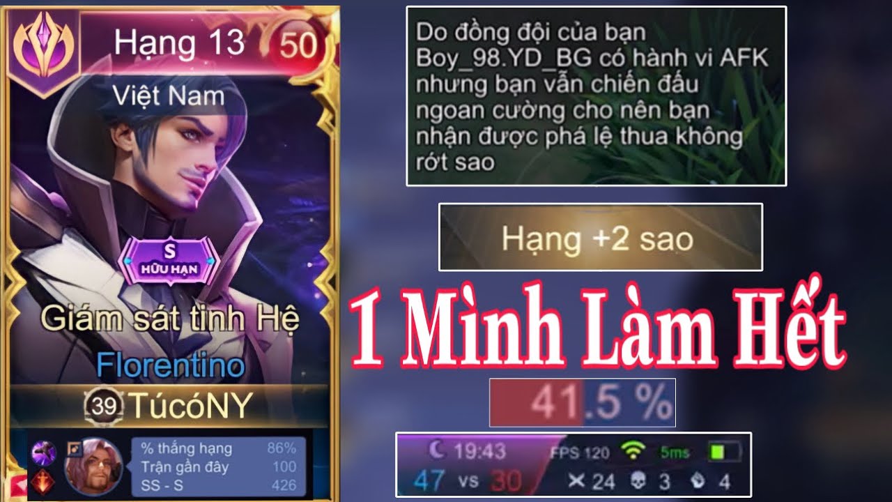Đồng Đội AFK 1 Mình Tú có NY Gánh Team Với Vị Tướng Florentino Cực Mãn Nhãn +2 Sao Với 40% Dame