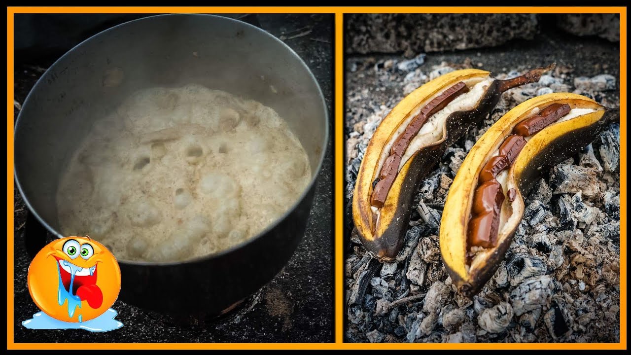 Geschnetzeltes mit Reis / gebackene Bananen mit Schokolade draußen kochen - Outdoor