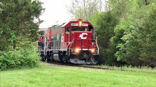 Heavy Train Creeps Down Hill & Across Bridge, Car On Fire & Heavy Cincinnati Eastern Railroad Trains