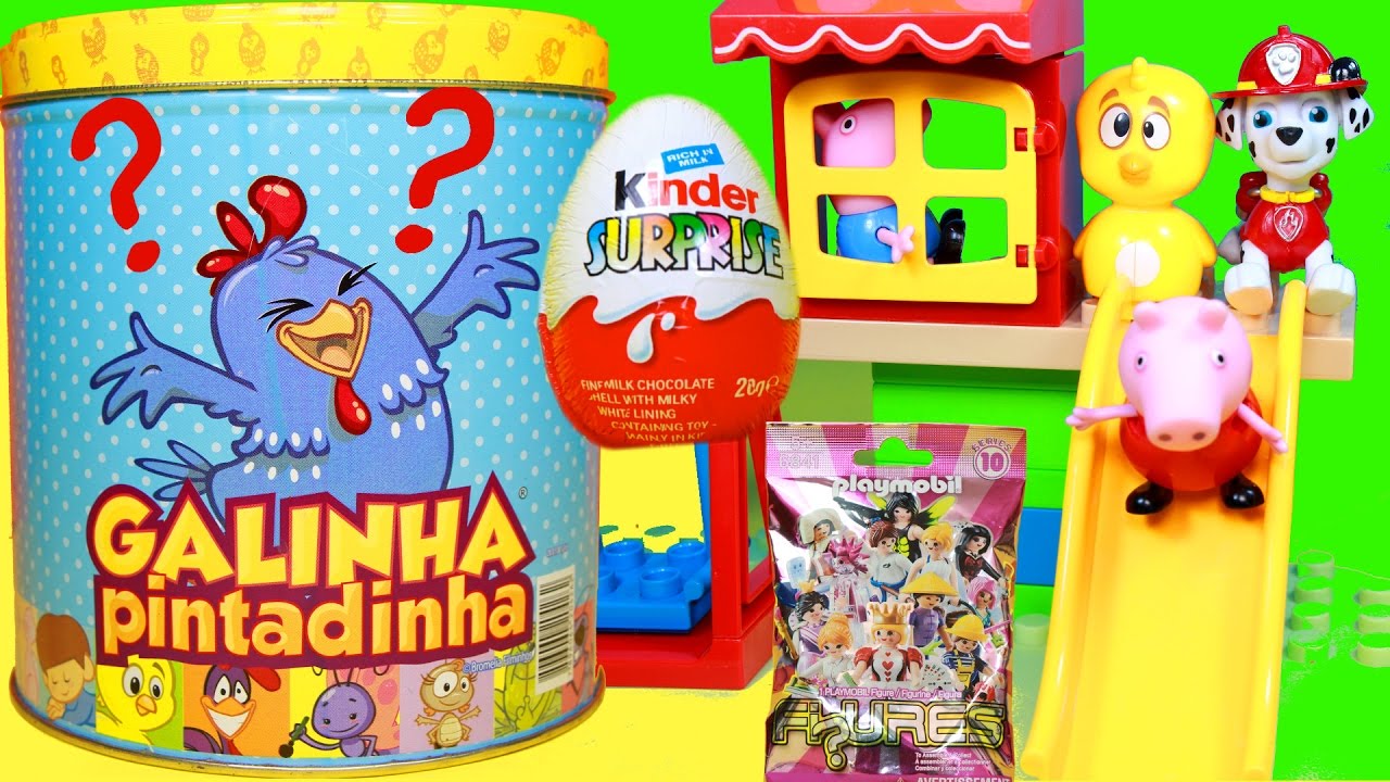 GALINHA PINTADINHA PINTINHO AMARELINHO SUPRESAS NA LATA BAÚ BRINQUEDOS BRINCAM NO PARQUE MINI