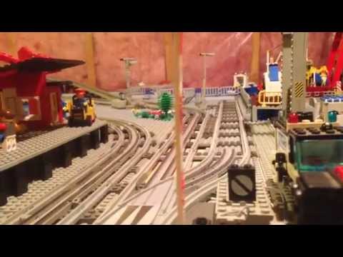YouTube thumbnail: 12V Lego Train Harbor Layout Expansion, Followed by All Trains in Motion
