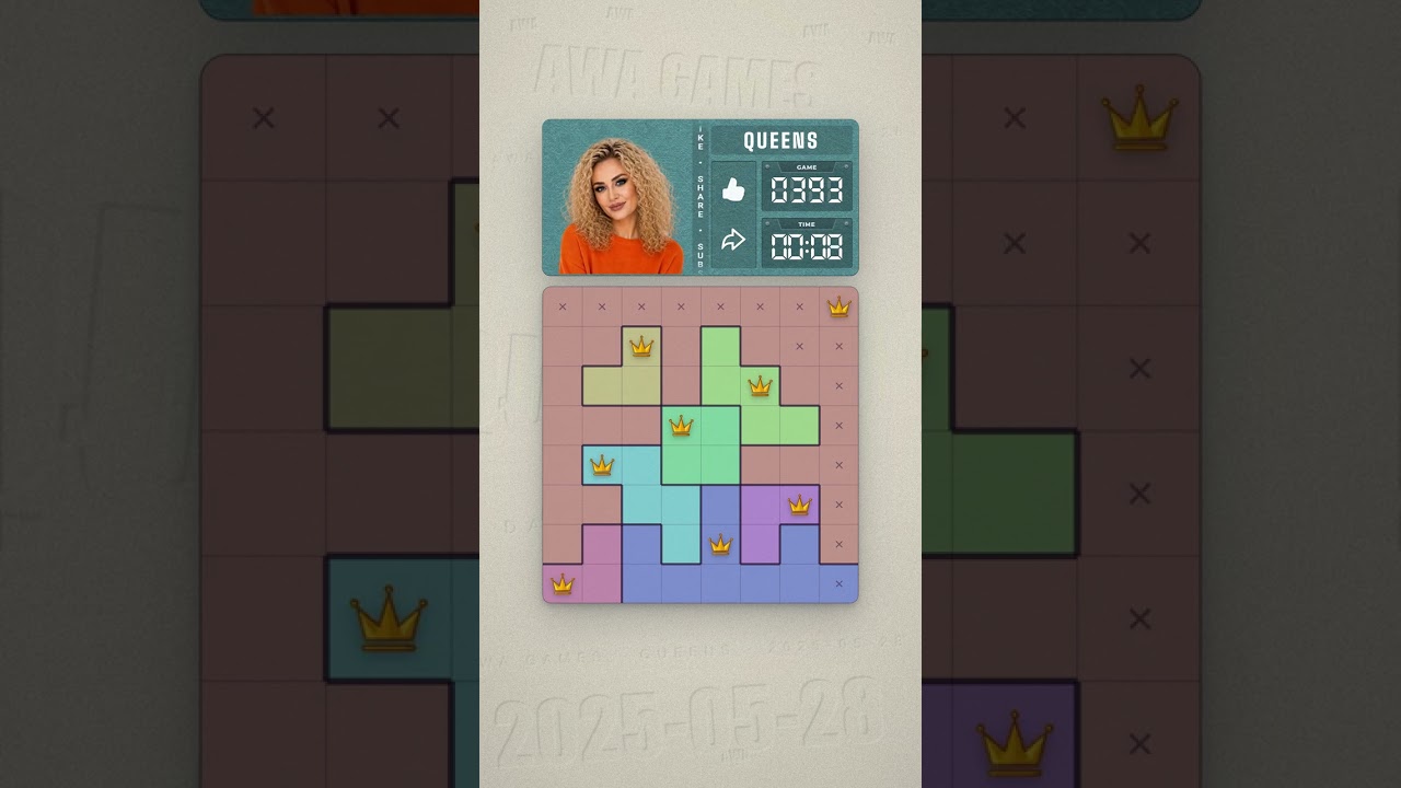 LinkedIn Queens #393 solved board for May 28, 2025, 8x8 grid
