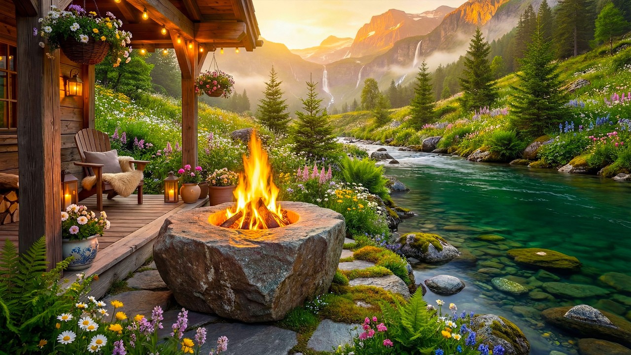 Calm Spring Riverside Cabin Porch Retreat 🌸🔥 Gentle River, Campfire Sounds & Birdsong for Sleep