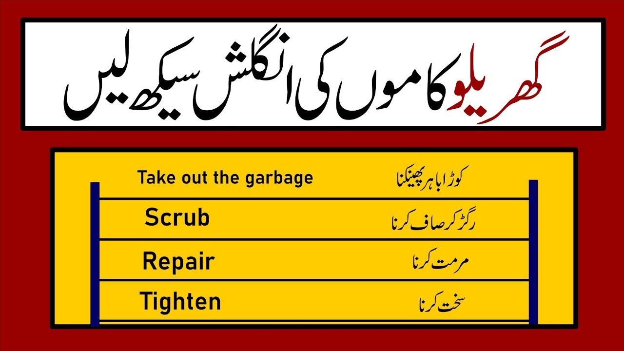 Daily Routine House Chores Vocabulary with Urdu Meanings English
