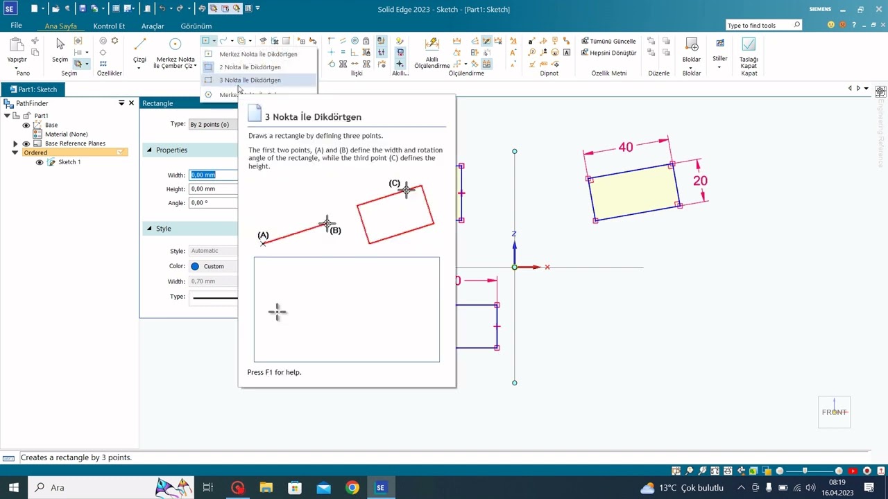 Solid Edge 2023 Free 2D -Eğitim Videoları –3 Dikdörtgen Komutu
