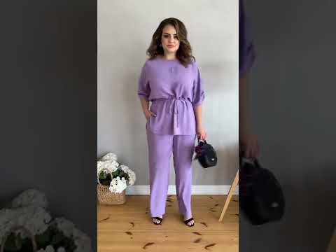 Бузковий жіночий костюм з легкої жатки, великі розміри 46-48,50-52,54-56,58-60,62-64,66-68, видео 1