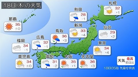 2024/07/18 全国の天気予報 朝　～東北は梅雨空　激しい雨に注意　関東から近畿は晴れて熱中症に警戒が必要～