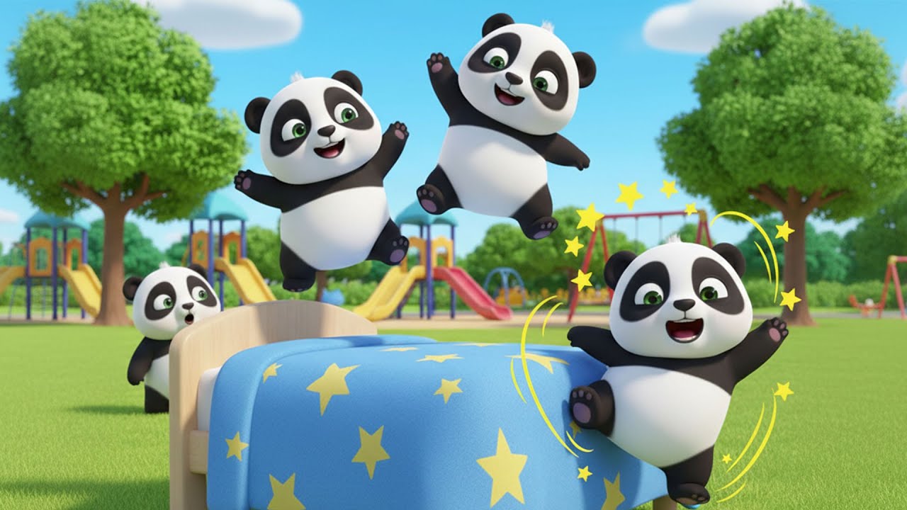 Пять маленьких панд прыгают на кровати 🐼 | Забавные детские стишки и песенки от Jollytoe