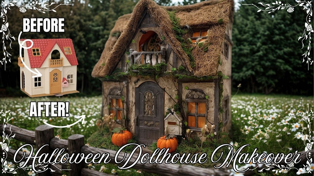 $10 Plastic Dollhouse Halloween Makeover | Witches Cottage | Sylvanian Families Dollhouse Makeover 