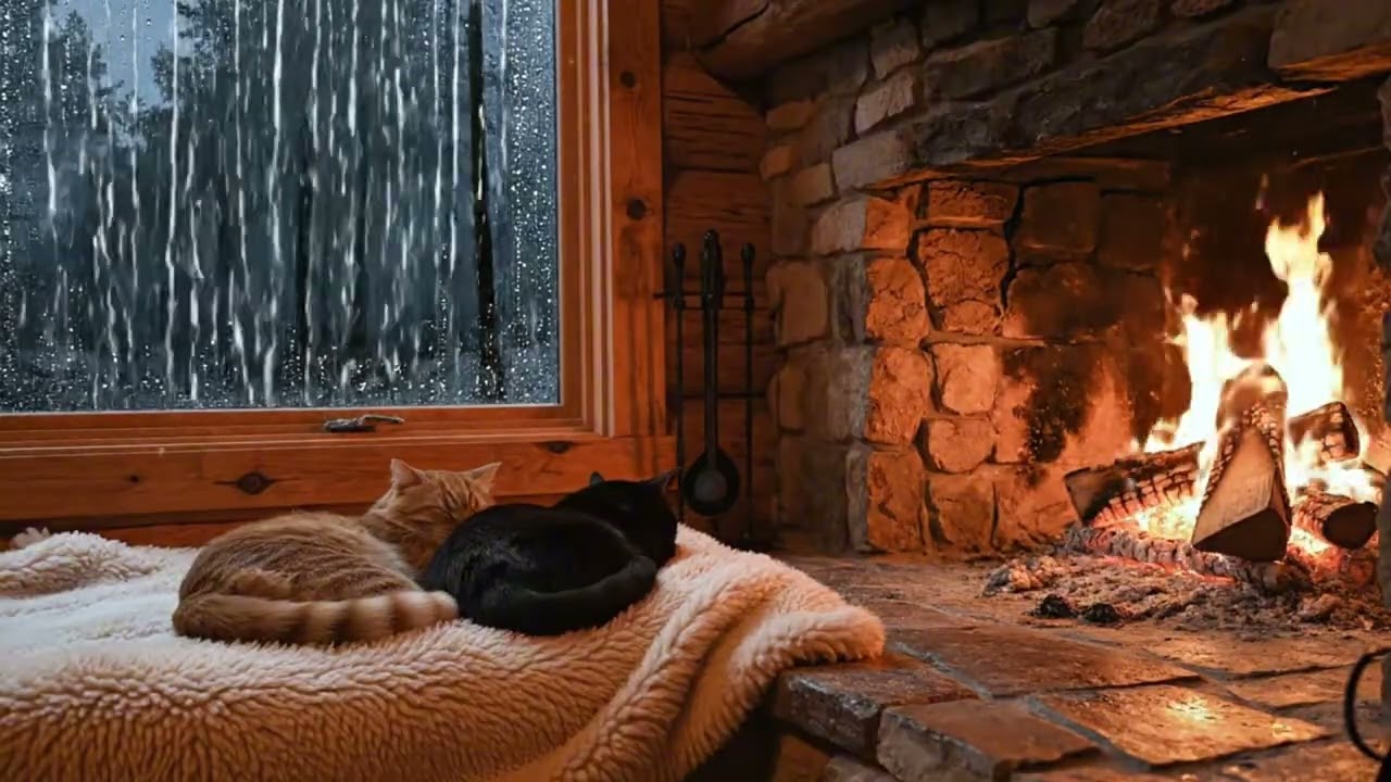 Rain Sounds & Crackling Fireplace | Cozy Cabin Night with Sleeping Cats for Study & Sleep