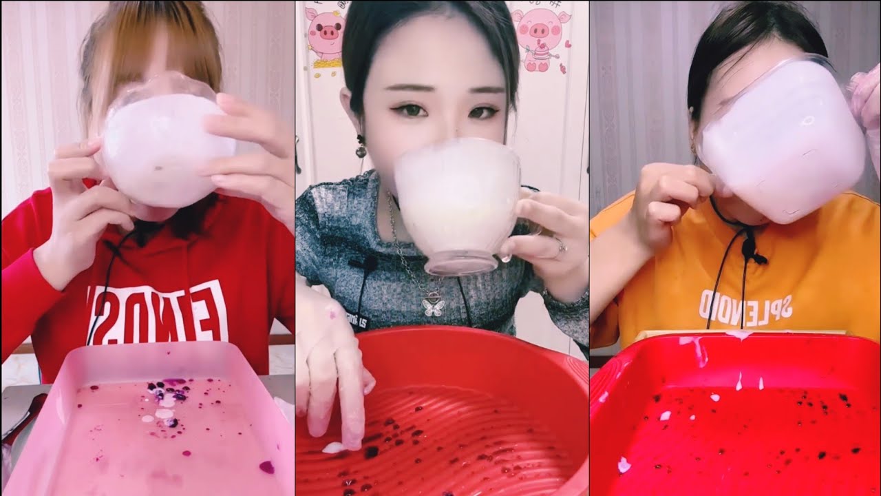 ASMR ice eating | Qian, YY and Seeme purple ice dipped in milk and yogurt | Ice Lover