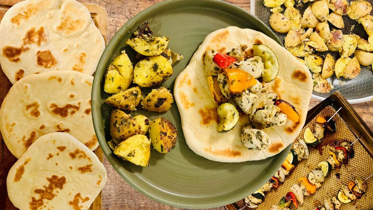 Chicken Souvlaki, Homemade Naan, and Herb Fried Potatoes 