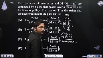 Two particles of masses m and M (M > m) are connected by a cord that passes over a massless a....