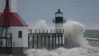 Large Waves Crash Into Lighthouse in Lake Michigan