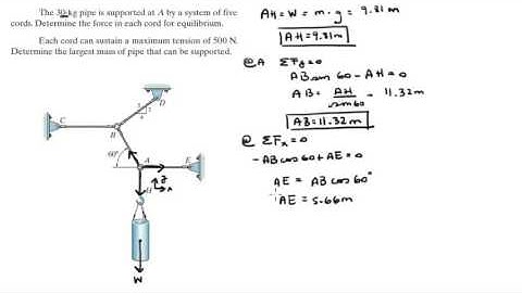 Determine the force in each cord for equilibrium and max mass of the pipe