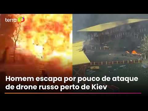 Vídeo mostra homem escapando por pouco de ataque drone russo perto de Kiev, na Ucrânia