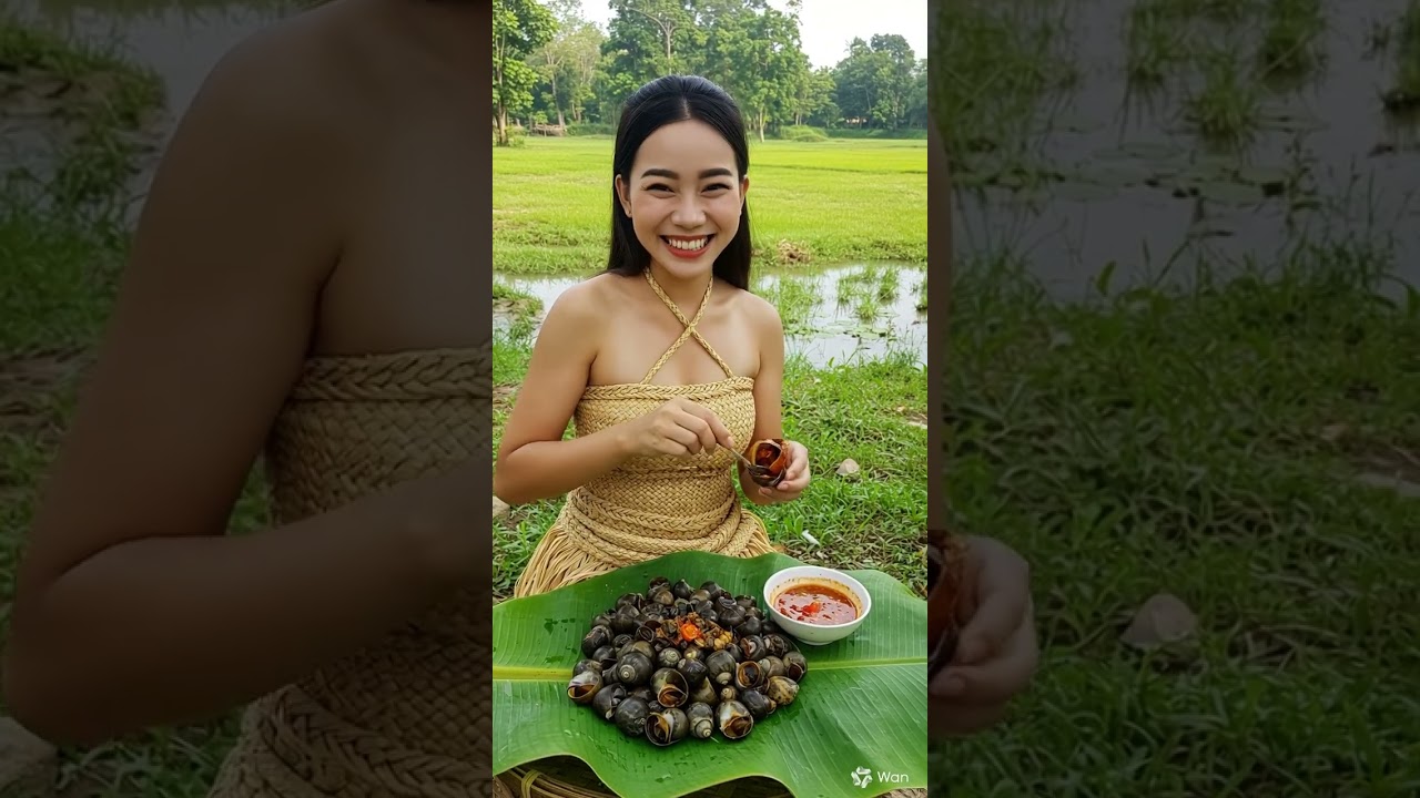 Cambodian Village Beauty Enjoys Fresh Snails in Peaceful Nature 🌿