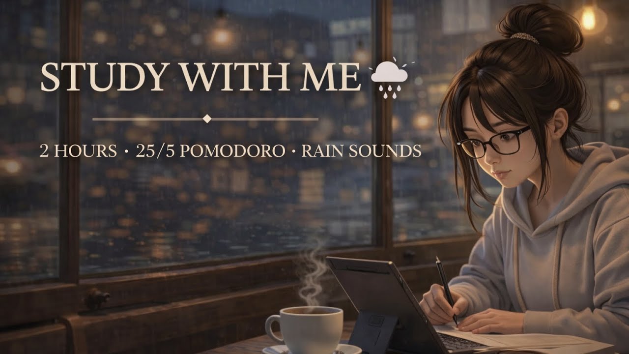 2 Hours Study With Me 🌧 25/5 Pomodoro | Rain Sounds & Cozy Focus - YouTube
