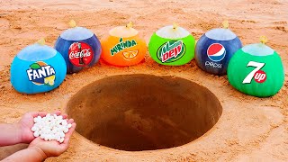 Coca Cola, Fanta Shokata, Pepsi, 7up, Mirinda, Mtn Dew in Balloons vs Mentos Underground!