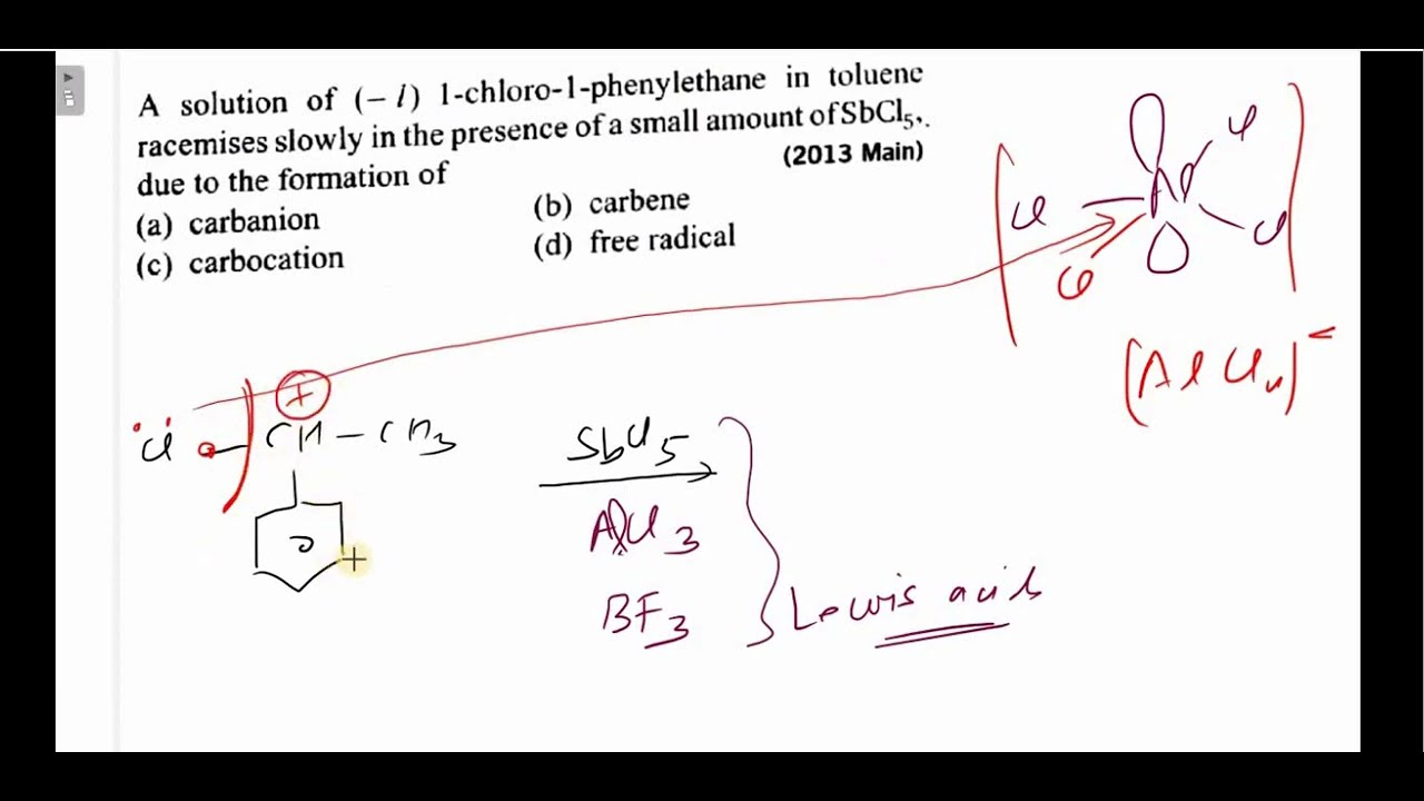 A solution of (-l) 1-chloro-1-phenylethane in toluene racemises slowly ...