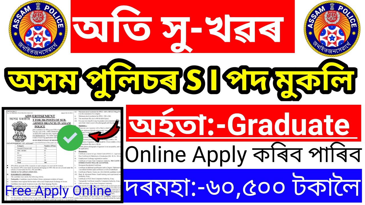 Assam Police SI Recruitment 2021 - Online Apply For 306 Sub-Inspector Vacancy !! Assam Career