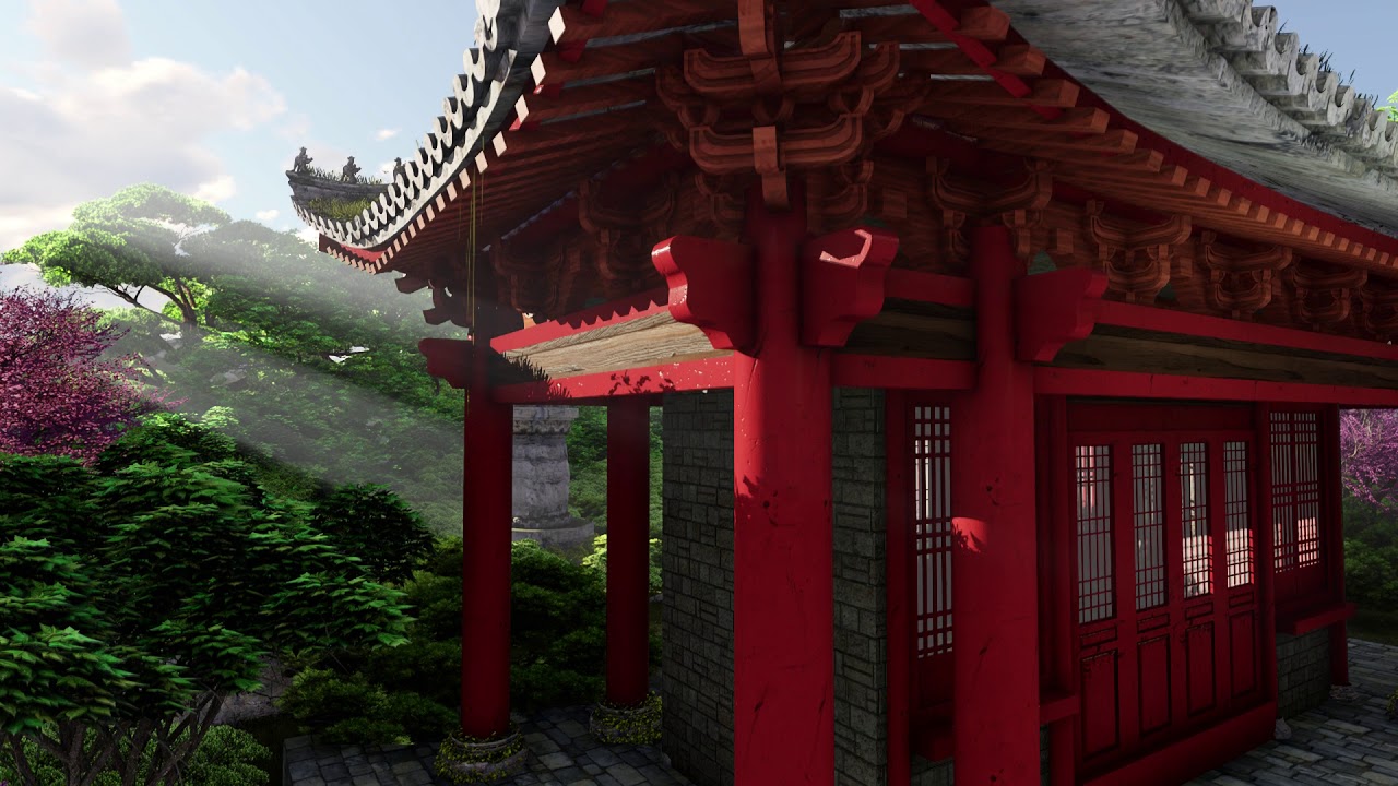 ( CGI 4k Stock Footage ) Japansese asian buddhist architecture temple ...