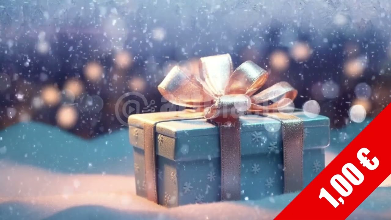 Blue Gift Box with Gold Ribbon in Snow - Holiday Stock Video HD (1080p)