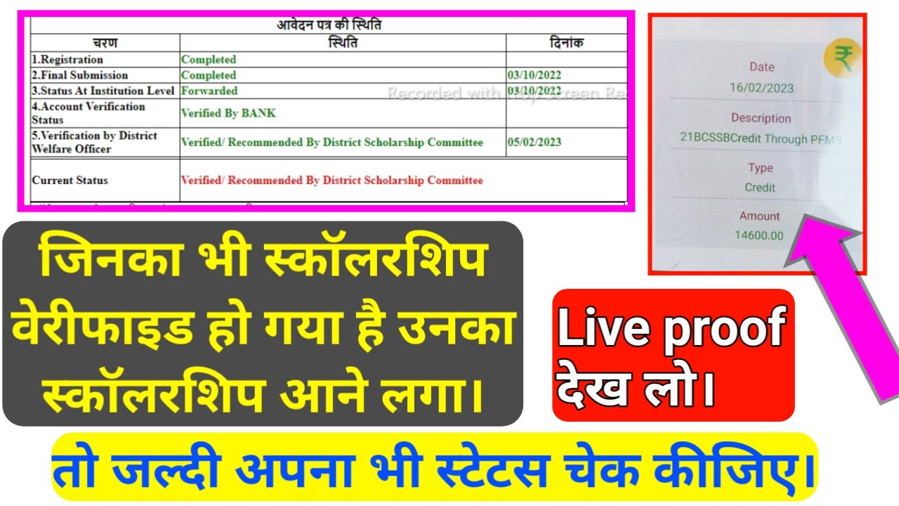 Verified recommended by district scholarship committee|| scholarship status verify hona start ho gya
