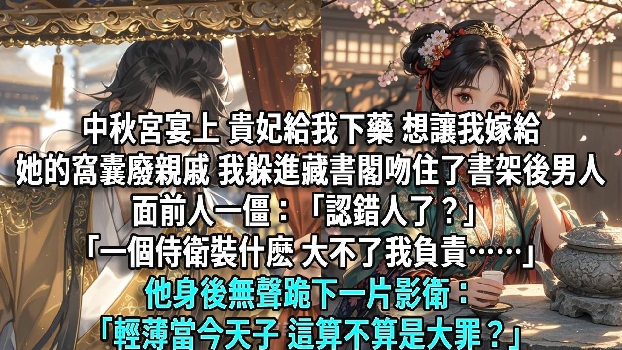 中秋宮宴上，貴妃姑母給我下藥，想讓我嫁給她的窩囊親戚。我躲進藏書閣，吻住了書架後男人，面前人一僵：「認錯人了？」「一個侍衛裝什麼大不了我負責」他身後無聲跪下一片影衛，「輕薄當今天子，這算不算是大