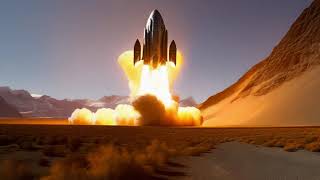 a spaceship blasting off behind a mountain