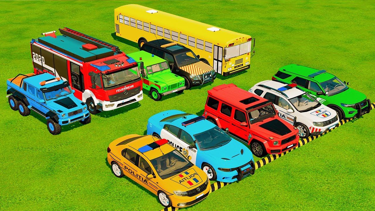 TRANSPORTING POLICE CARS, AMBULANCE, FIRE TRUCK, COLORFUL CARS WITH TRAIN -FARMING SIMULATOR 22!