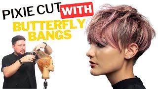 short PIXIE haircut with LAYERS and disconnected BUTTERFLY BANGS