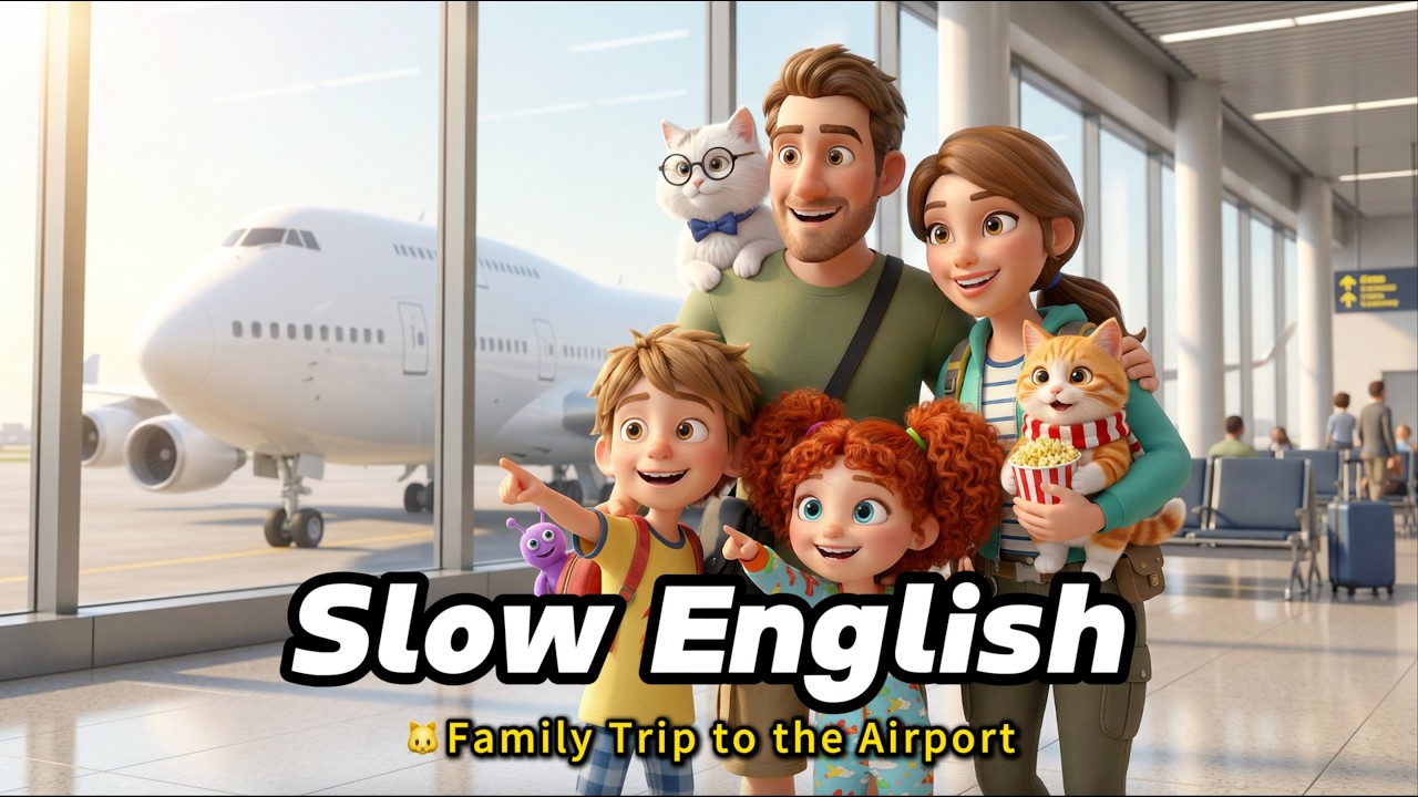 Exploring the Airport with 2 Cats! (Family Trip) | Easy English Listening Practice (A2 Level)