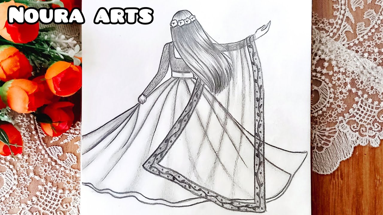 رسم سهل | رسم بنات | تعليم رسم بنت ترتدي فستان هندي خطوة بخطوة بقلم الرصاص | رسم سهل بقلم الرصاص