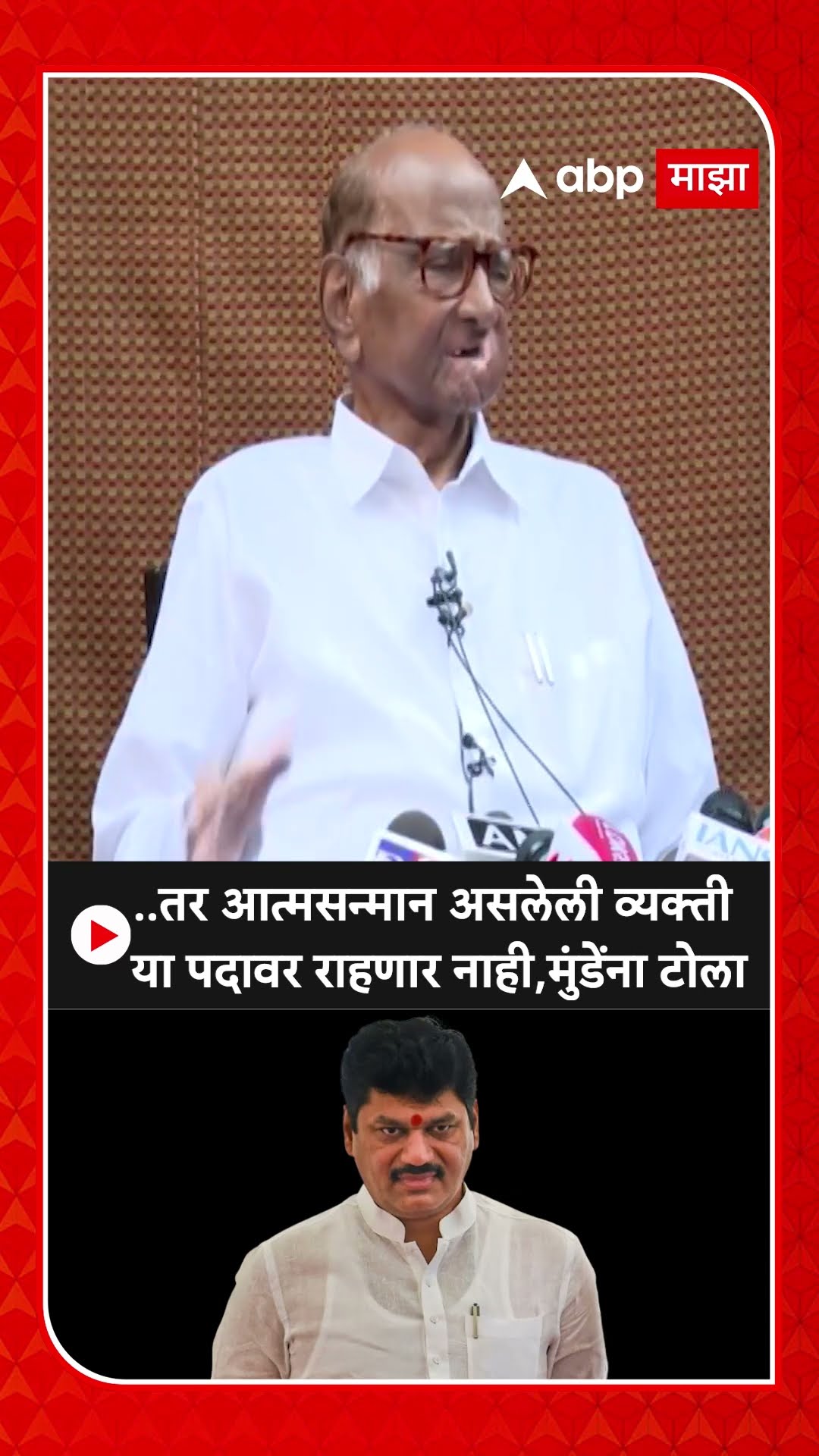 Sharad Pawar on Dhananjay Munde : ..तर आत्मसन्मान असलेली व्यक्ती या पदावर राहणार नाही,मुंडेंना टोला
