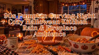 Rainy 90s Pumpkin Carving Night 🎃 Cozy Halloween Kitchen Ambience | Rain & Fireplace Sounds