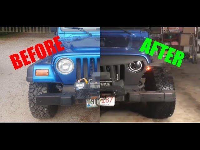 Jeep Wrangler Tj LED Headlight & Angry Grill Installation - YouTube