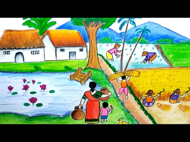 rural life scenery drawing easy |village lifestyle scenery drawing easy |  village people drawing - YouTube