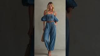 Fashionable Retro Blue Off-shoulder Short-sleeved Zip-up Denim Jumpsuit😘