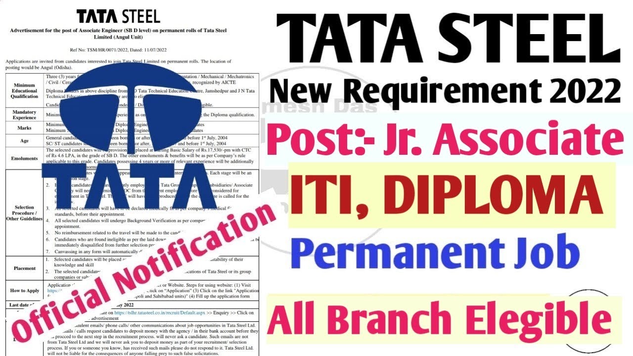 TATA STEEL JR. ASSOCIATE REQUIREMENTS 2022 OFFICIAL NOTIFICATION TATA