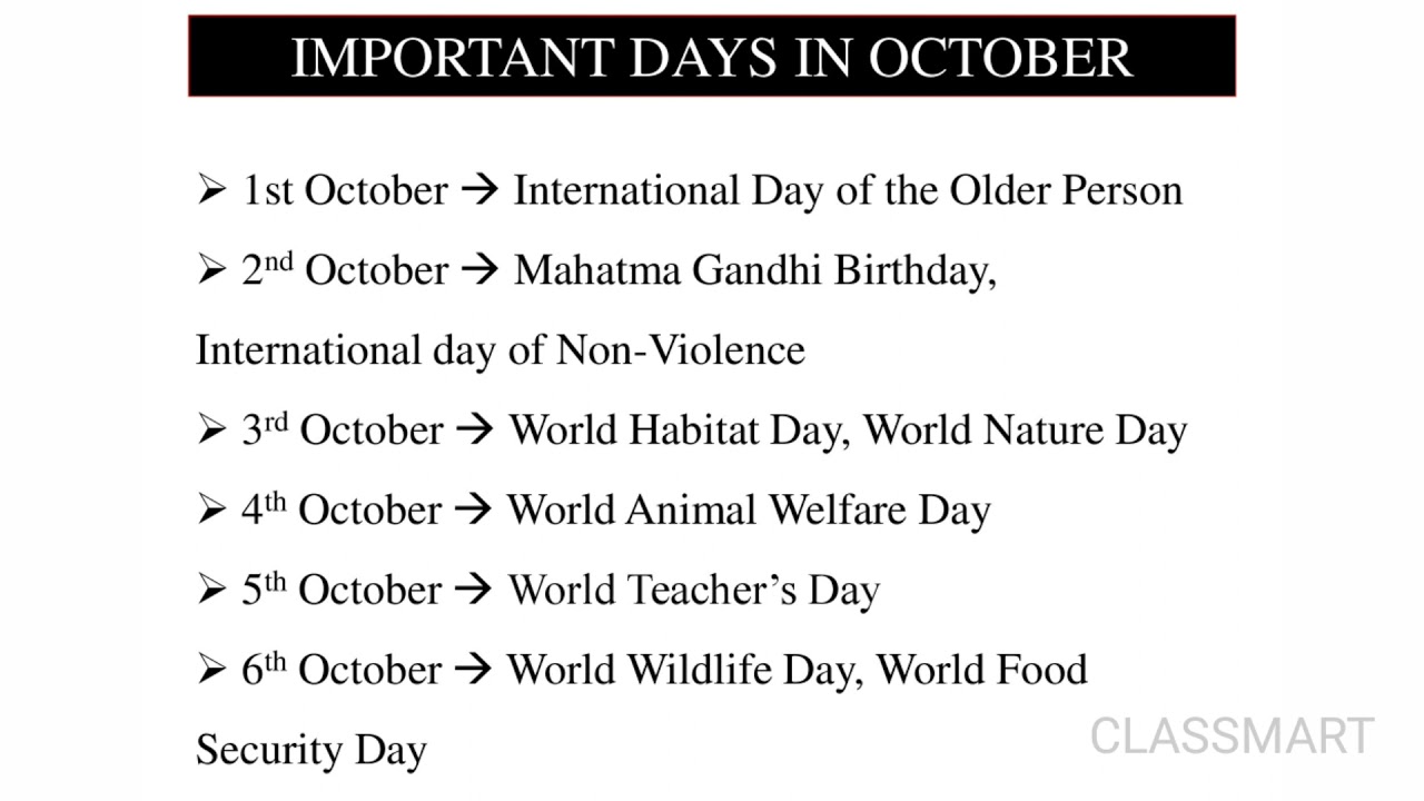 Important days in October || CLASSMART