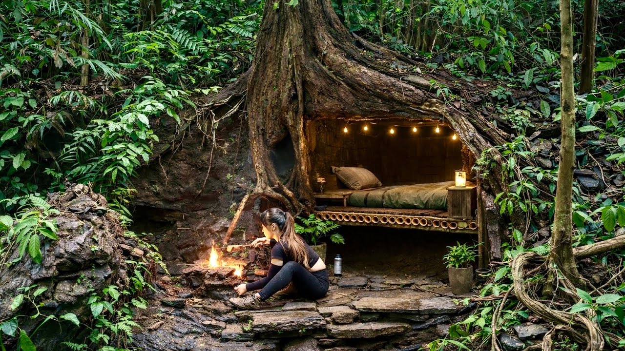 Build a shelter under a decaying tree stump - solo survival - YouTube