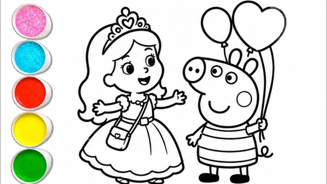 Drawing Princess Papi Peppa pig with princess drawing and coloring for kids and toddlers ...